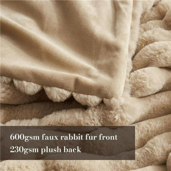 Amelie Home Faux Fur Throw Blanket Soft Fluffy Cozy Plush Sofa Bed Beige - Picture 3 of 7